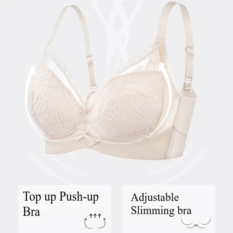 Women's Thin Push-Up Bra Seamless Back Minimizes Side Bulges Uplift Support Underwear Elegant Lace Top Up Bra Autumn New