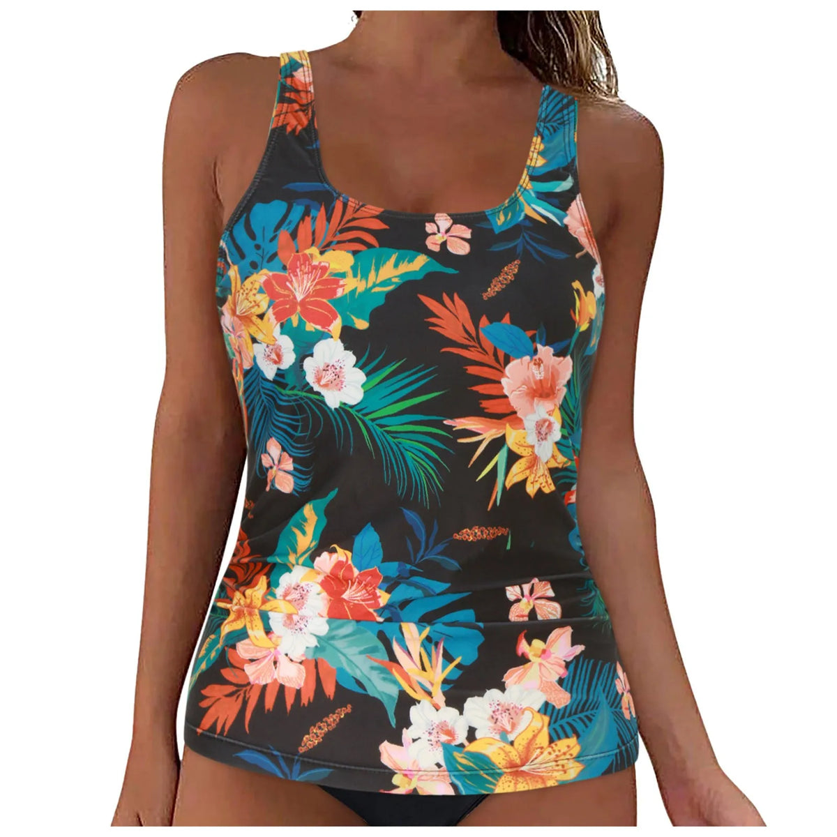 Women Summer Swimwear Loose Fit Scoop Neck Sleeveless Tankini Top Bohemian Tie Dye Print Bathing Suit Padded Swimsuit Top Xxl