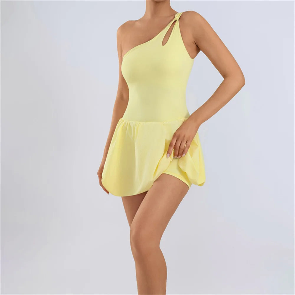 Pad Womens One Shoulder Strap Yoga Set Tennis Dress Built-in Bra Anti Shorts Athletic Golf Workout Dress SkortsXP168
