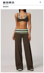 Fake Two-piece Sports Bra Yoga Sets Women Coffee Striped Patchwork Folding High Waist Wide Leg Pants Gym Running Fitness Suits