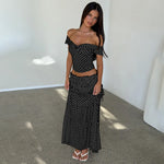 FDYOUI Woman Clothing Polka Dot Crop Tops and Lace-up Skirt Two Piece Sets Female Elegant Slash Neck Long Vacation Dresses Suit