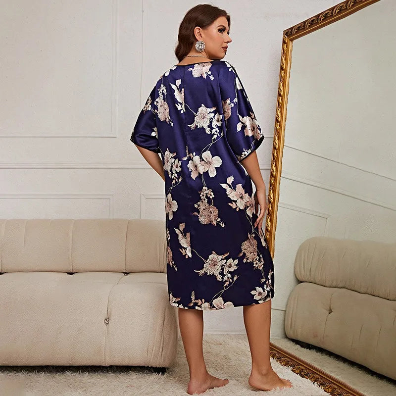 Large size sleepwear, women's mid length printed pullover dress, summer new home wear, silk ice silk nightgown