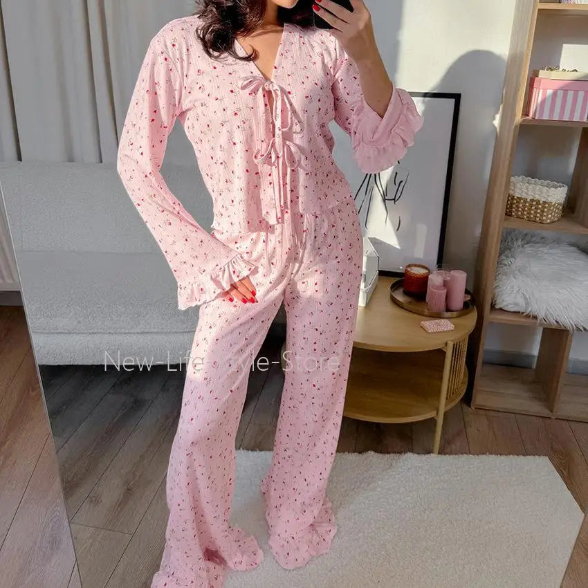 Printed Tie Ruffle Long Sleeve Soft Comfort Ladies Homewear Sleepwear Women 2026 Autumn Winter Knit Two Piece Pajama Set