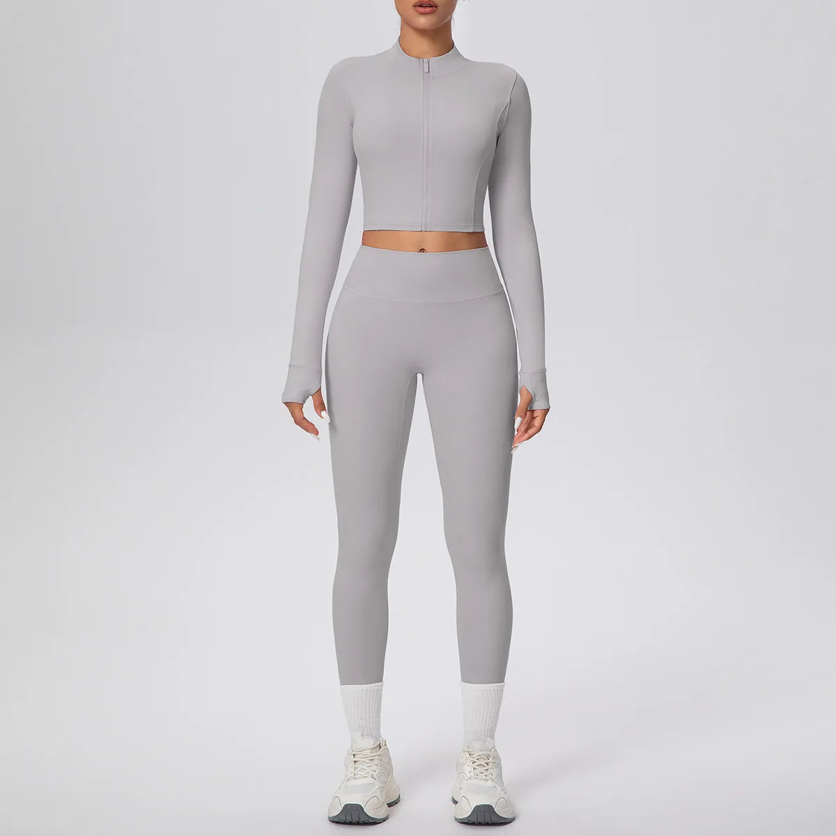 New Women Yoga Set Solid Color Double-Sided Brushed Bare Feel Short Long-Sleeve Jacket Tight Pants Running Fitness 2-Piece Set