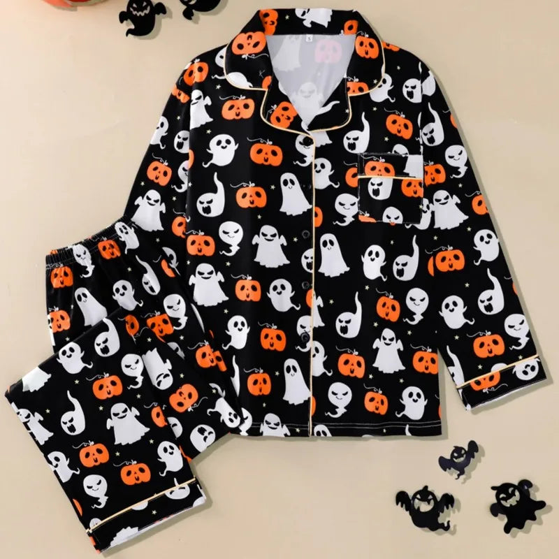 Women Halloween Pajamas Lounge Set Pumpkin/Skull Print Long Sleeve Tops and Pants 2 Piece Loungewear Outfits Clothes for Women