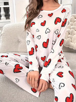 Autumn Winter Pajama Set for Women Sleepwear Heart Print Knitted Round-Neck Loose Tops and Elastic Long Pants Loungewear