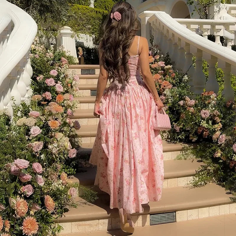 FDYOUI 2026 Summer Floral Print Spaghetti Strap Dress for Woman Elegant Sleeveless High Waist Long Party Evening Dresses Pink