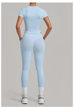 Women Tracksuit Yoga Sets Short Sleeve Slim Sports T Shirts Workout Clothes Outdoor Tight High Waist Pocket Pants Fitness Suits