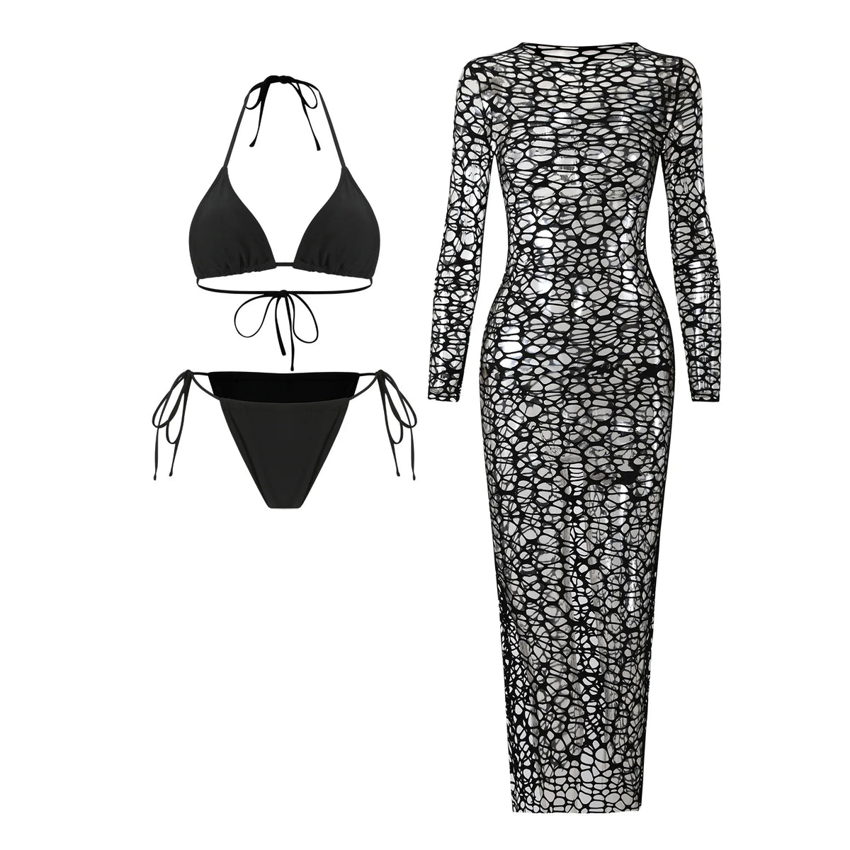 Sexy Hole Out Mesh Long Sleeve Dress 3 Piece Swimsuit 2026 Women Black Summer Push Up Thong Bikini Holiday Bathing Suit Swimwear