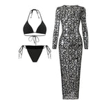 Sexy Hole Out Mesh Long Sleeve Dress 3 Piece Swimsuit 2026 Women Black Summer Push Up Thong Bikini Holiday Bathing Suit Swimwear