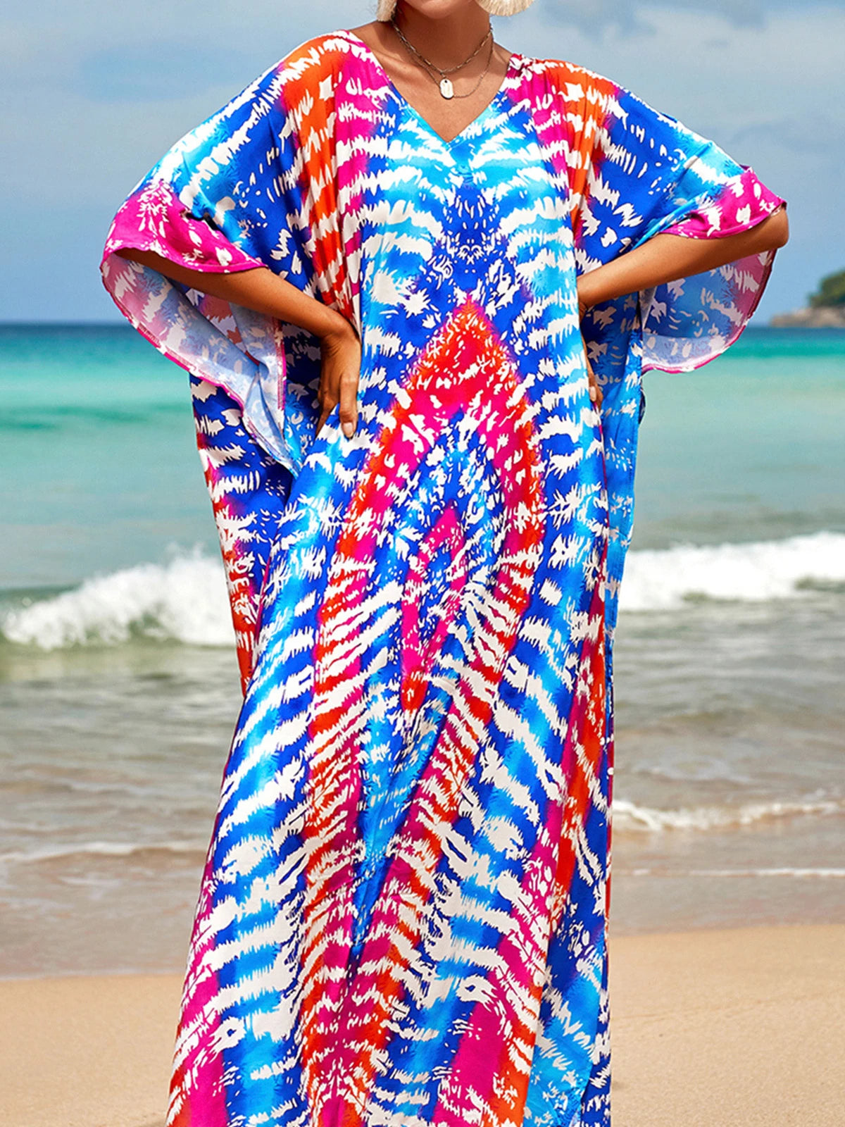 2026 New Colorful Kaftan Tunic Beach Dress Beach Wear Beachwear Beach Cover Up Cover-upsLoose Maxi Dress Female Women V4428