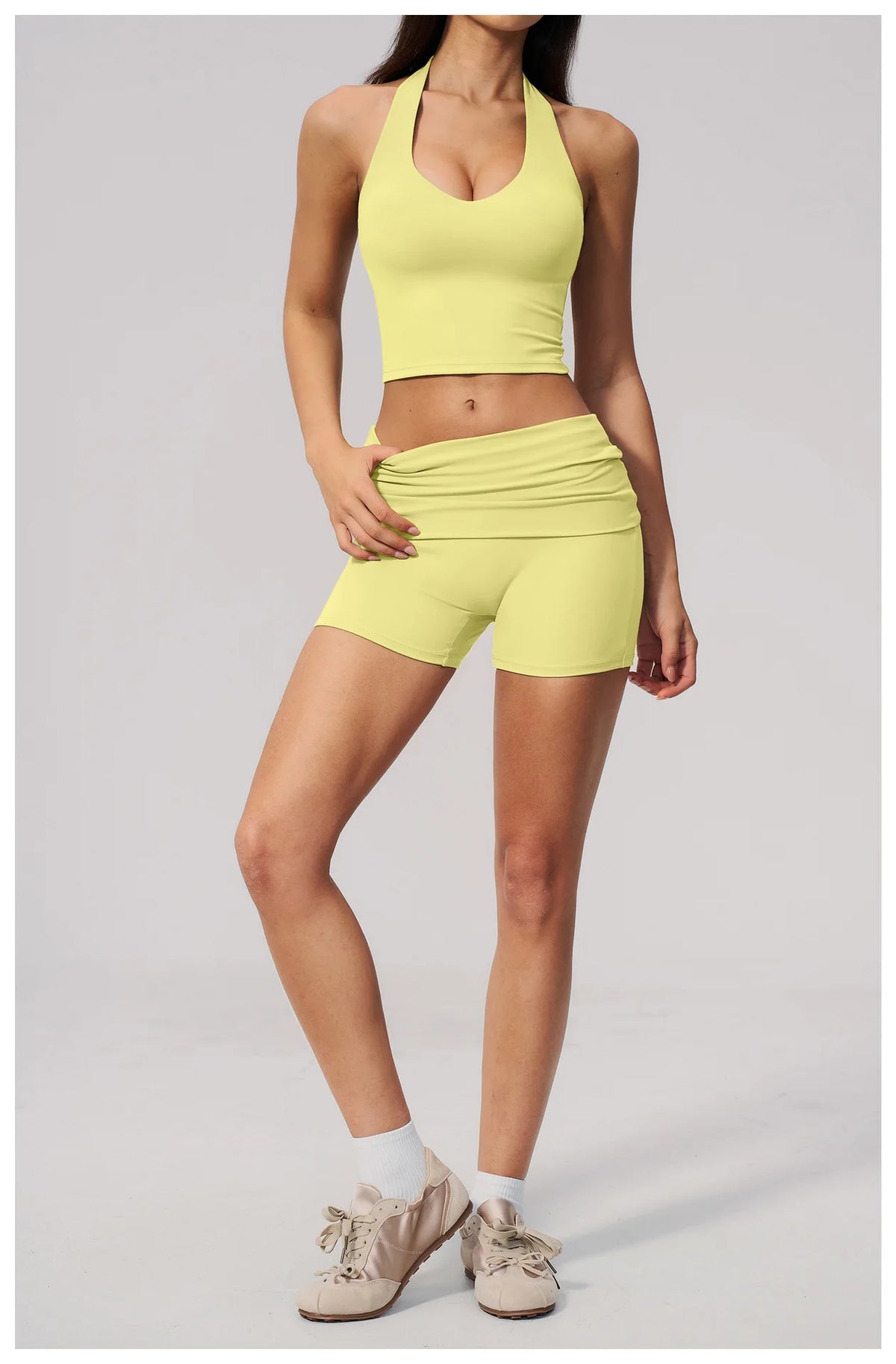 2PCS Yoga Set Women V-neck Cross Neck Shock-absorbing Sports Vest Workout Pleate Flip High Waist Shorts Gym Runing Fitness Suits