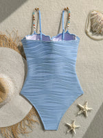 Vintage Blue Wave One Piece Swimwear Women 2026 Beading Strap Push Up Underwire Tummy Control Bathing Suit One Piece Swimsuit