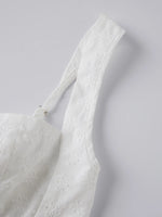 2026 Summer Women's Floral Eyelet White Cami Dress Sleeveless Square Neck A-line Dress Beach Bohemian Retro Sundress