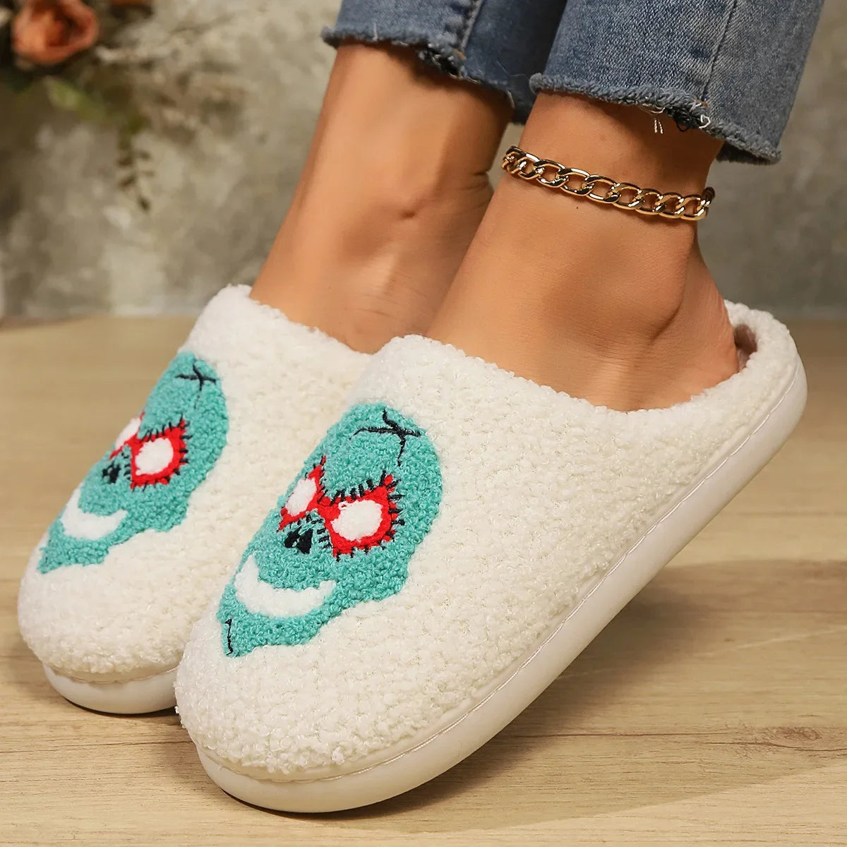 Women Cartoon Plush Slippers Winter 2024 Halloween Style Non Slip Warm Winter Home Slippers Ladies Casual Soft Sole Cotton Shoes