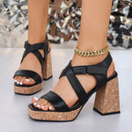 French Brown Roman Sandals for Women Square Toe 9cm Chunky Heel Platform Hook&Loop Big Size 34- 43 Modern Daily Lady Shoes New