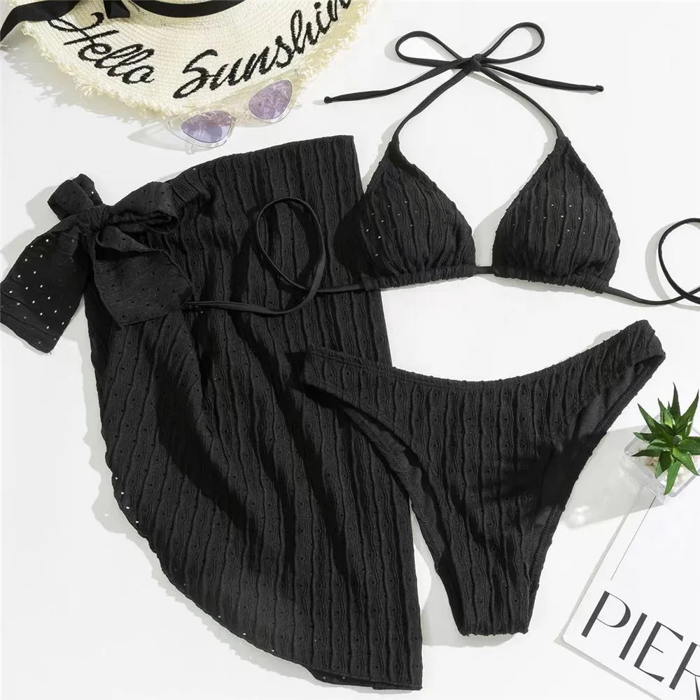 Three Piece Bikinis Sets 2026 String Halter Swimwear with Cover Up Sexy Swimsuit Women Beachwear Bathing Suit Black Mini Bikini