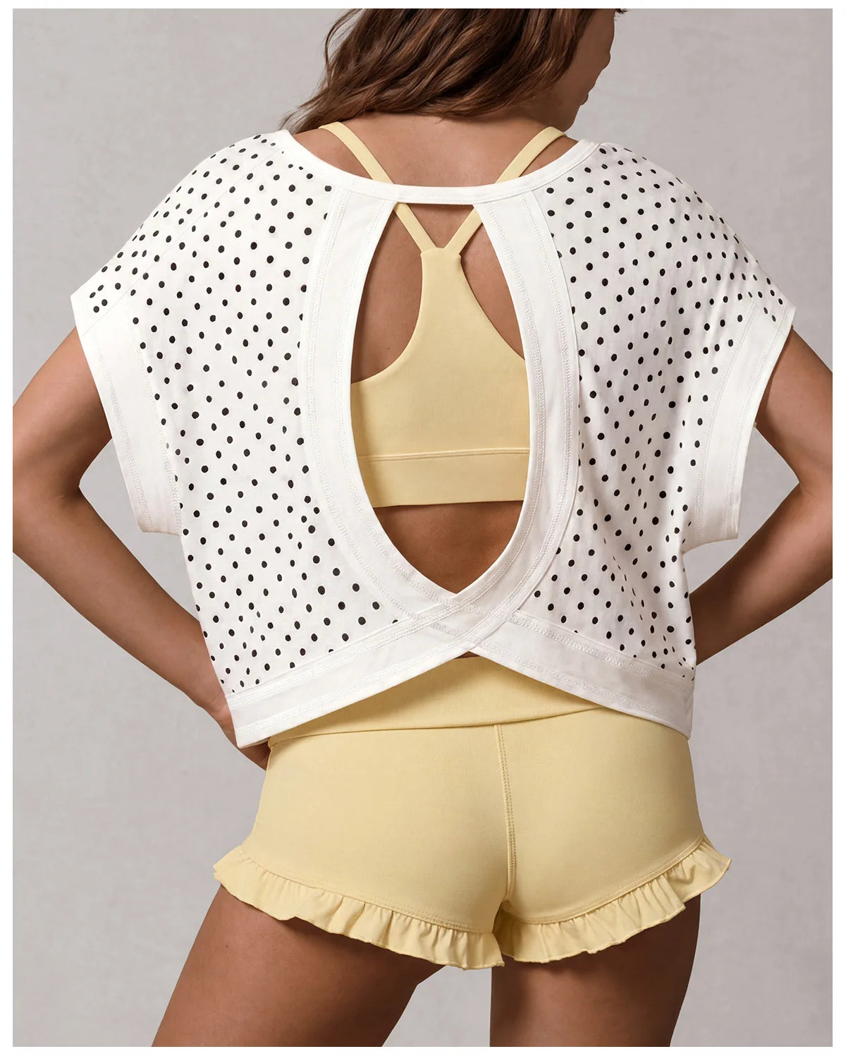 Summer Back Hollow Out Yoga T Shirts Women Polka Dot Print Short Sleeve Loose Sports Cover Up Breathable Training Fitness Tops