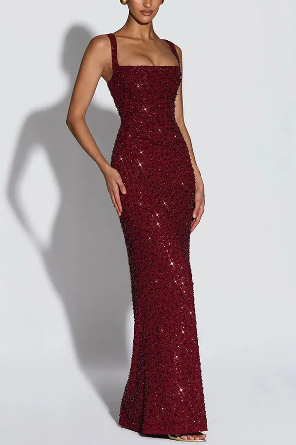 Women's Sequin Maxi Dress Burgundy Square Neck Sleeveless Bodycon Evening Gown Formal Party Prom Cocktail Mermaid Long Dresses