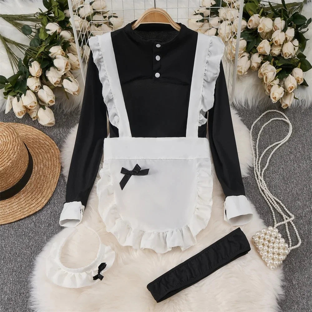 Cosplay Costume Japanese Style Kimono With Apron Ruffle Cosplay VacationPerfect Halloween Outfit Halter Dress Set Outfit Style