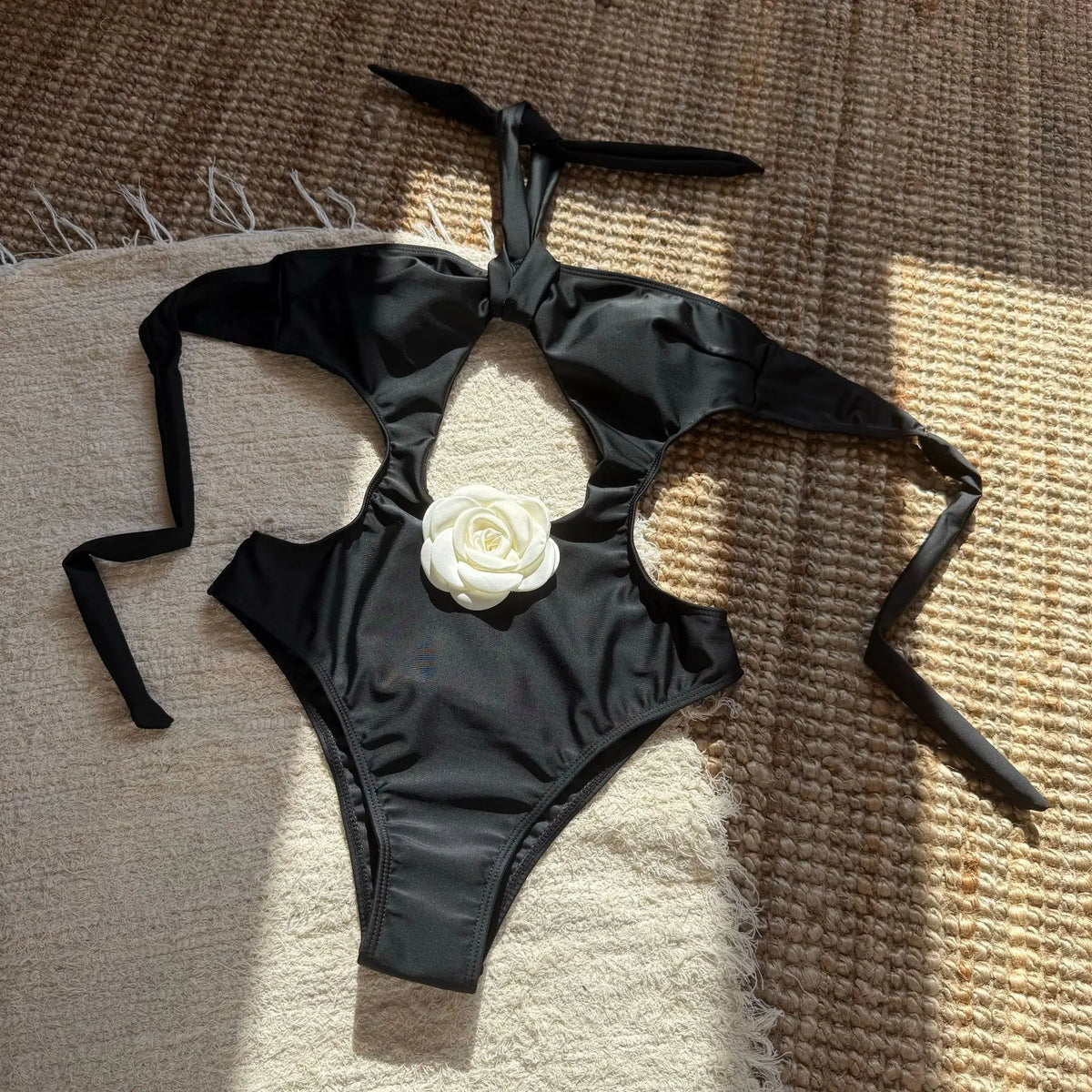 2025 New Color-Block Floral Pattern Trim One-Piece Slim Tie Hollow Out Swimsuit Sexy Backless Bathing Suit Trajes De Baño