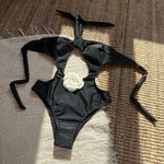 2025 New Color-Block Floral Pattern Trim One-Piece Slim Tie Hollow Out Swimsuit Sexy Backless Bathing Suit Trajes De Baño