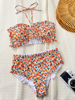 Flowers Printed Ruffled Bandeau Female Swimsuit High Waist Bikini Women Swimwear Two-pieces Bikini set Bather Bathing Suit Swim
