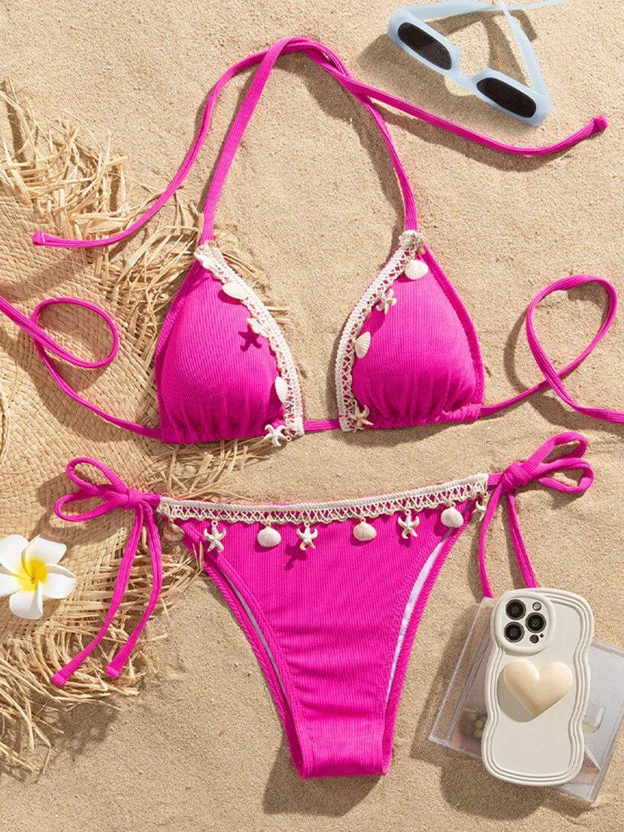 Shell Decoration Halter String Strappy Bikini Women Swimwear Female Swimsuit Two-pieces Bikini Set Ribbed Bathing Suit Swim Lady