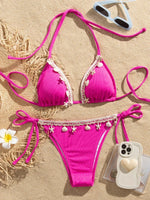 Shell Decoration Ribbed Bikini Women Swimwear Female Swimsuit Two-pieces Bikini Set Halter Strappy Bather Bathing Suit Swim Lady