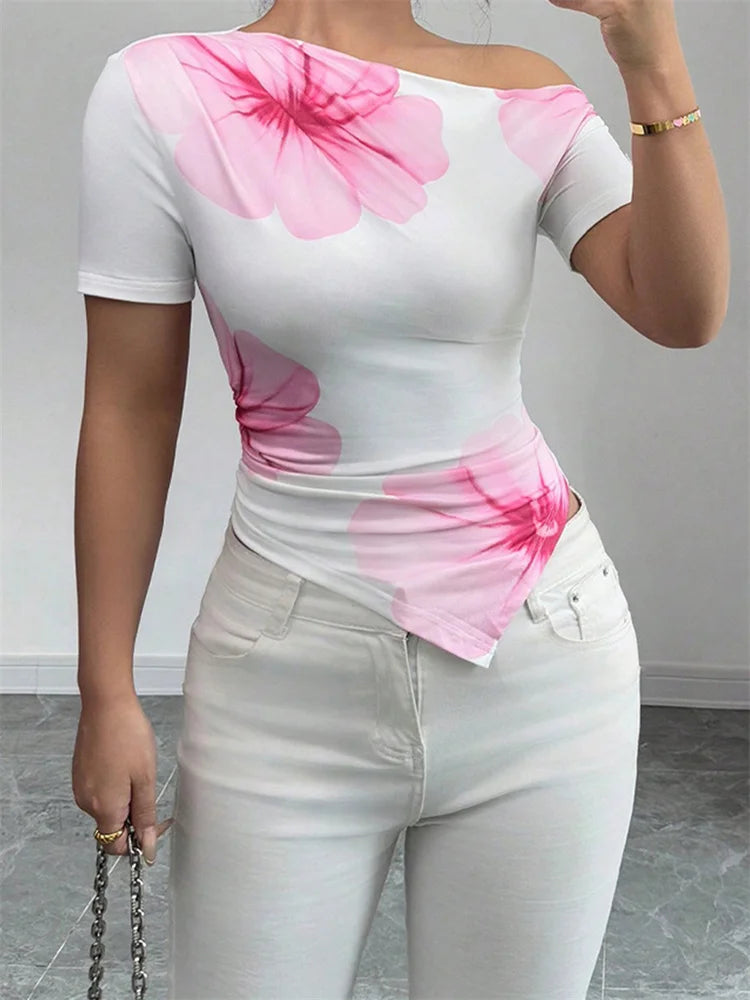 Women's Summer T-Shirts Flower Print Short Sleeve Slash Neck Off One Shoulder Trendy Tees Tops