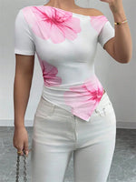 Women's Summer T-Shirts Flower Print Short Sleeve Slash Neck Off One Shoulder Trendy Tees Tops