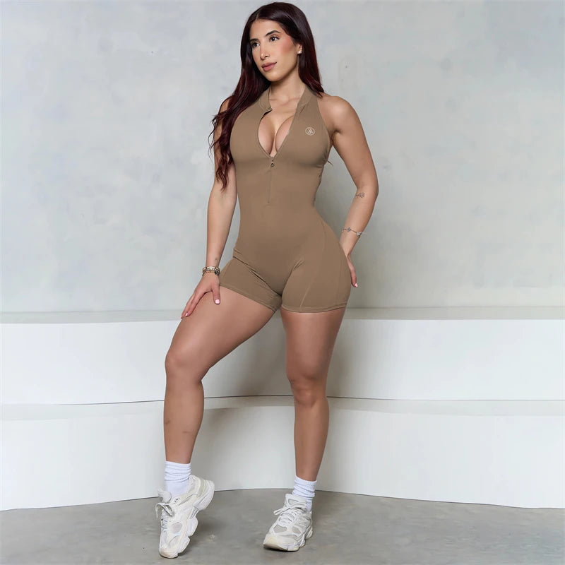 Allure The Brand Sleeveless ZIPPER Scrunch Butt Romper Women Sporty Jumpsuit Lycra Short Fitness Gym Overalls Workout Clothes