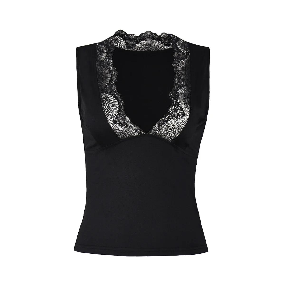 2026 Spring Summer New Arrival Elegant Sleeveless Women's Short Top Chic Fitted Lace-Panel Deep V-Neck Crop Tank Top Commute