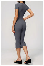 Yoga Set for Women High Waist Hip Lifting Tight Mid Pants Fitness Suit Short Sleeve O Neck Slimming Sports T Shirt Athletic Wear