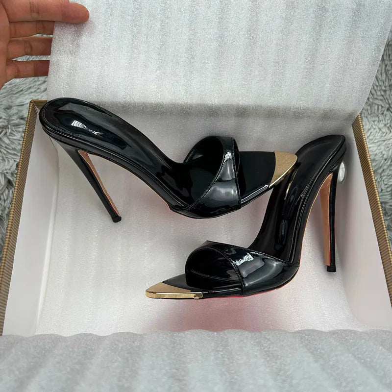 Black glossyFemale High Heels Open Toe Slides Trending Breathable Women Summer Outfit Casual Shoes12cm Sandals