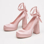 Size 42 Elegant Pink Satin Platform Block Heel Pumps Black Ribbon Wrap Ballerina Bow Wedding Party Dress Heels Shoes Women