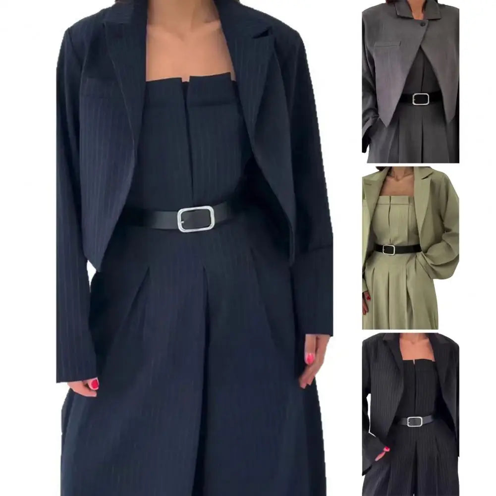 Women's Business Outfit Cropped Blazer Strapless Tube Top Jumpsuits 2 Piece Suit Set Belted Wide Leg Romper Office Work Clothes