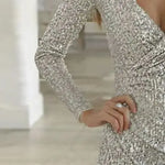 Spring Summer Women Dress Sequin Deep V Neck Slim Long Sleeves Slim Fit Pleated Party Club Short Dress Dating Prom Mini Dress