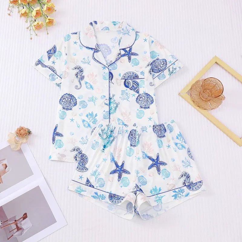 Women Halloween Print Pajama Set Turn‑down Collar Short Sleeve Button Down Shirt + Shorts Sleepwear Ladies Home Loungewear Suit