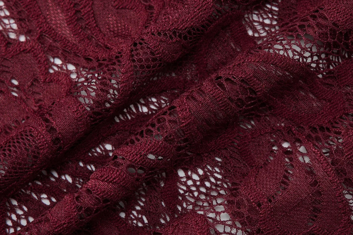 FDYOUI 2026 Spring Summer Wine Red Lace T-shirts for Women Slash Neck Slim Crop Tops Sexy Elegant See-through Short Tee Shirt
