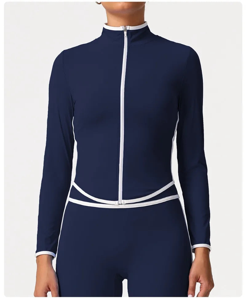 Women's Yoga Top Color-Block Zipper Stand Collar Bare Jacket Autumn Winter Outerwear Running Fitness Long Sleeve Coat