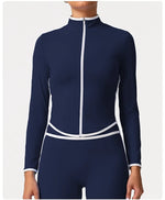 Women's Yoga Top Color-Block Zipper Stand Collar Bare Jacket Autumn Winter Outerwear Running Fitness Long Sleeve Coat