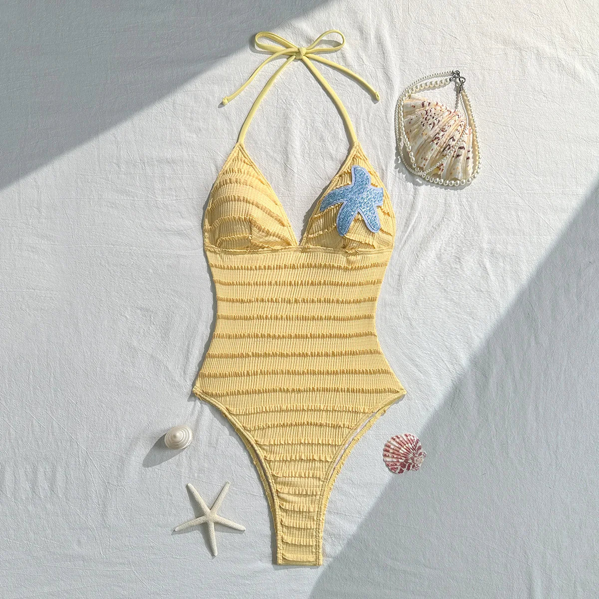 Sexy Holiday Swimwear Women 2026 Blue Sequin Starfish V Neck Hollow Out Backless Tummy Control Bathing Suit One Piece Swimsuit