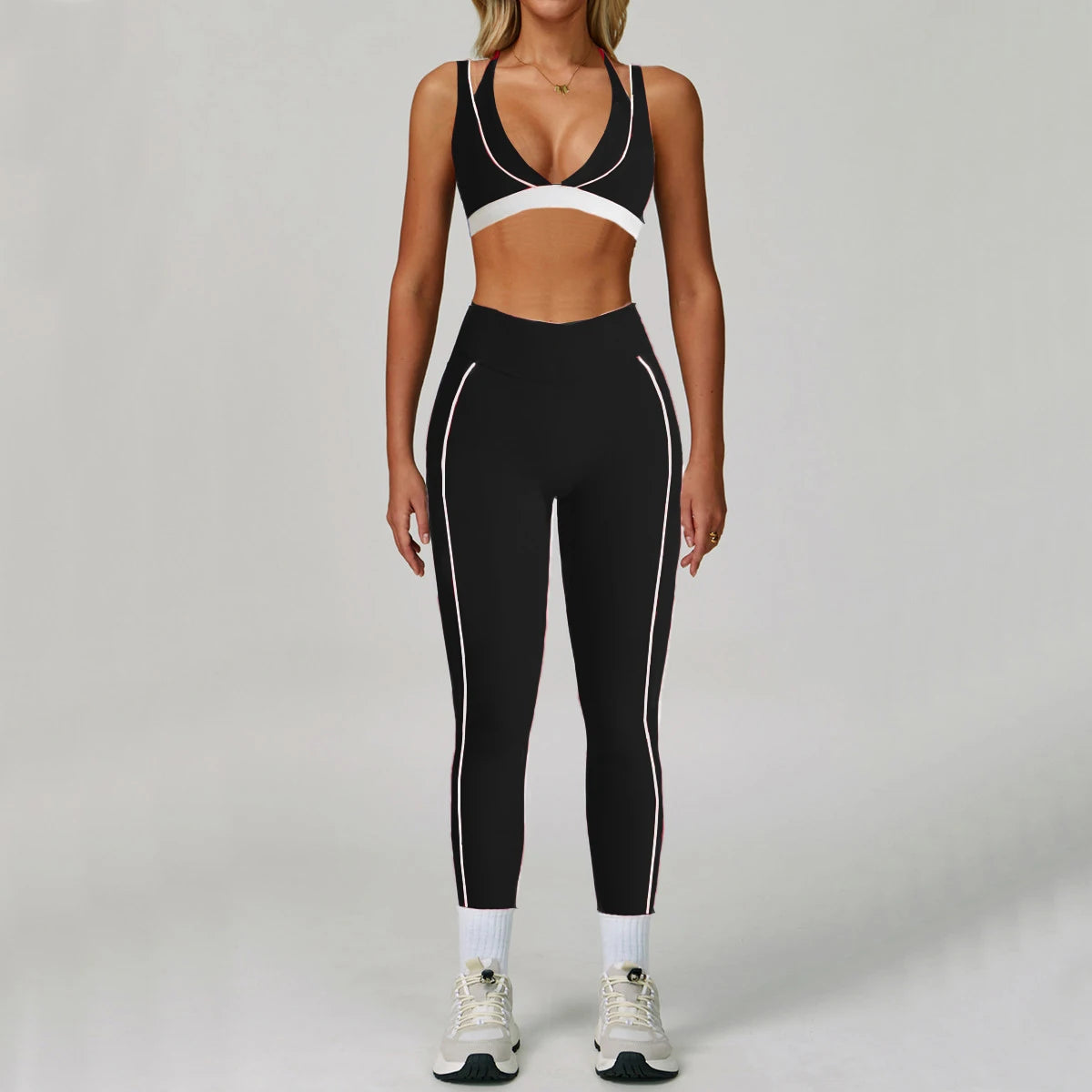 Pad 2PCS Yoga Set Sports Bras V-Neck Halter Pocket Fitness Workout Running Leggings Gym Woman Active Wear Clothing XP26
