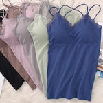 Women Vertical Rib Long Camisole With Crisscross Thin Straps Romantic Lace Trim V Neck Built-In Chest Pads Daily Inner Sling Top