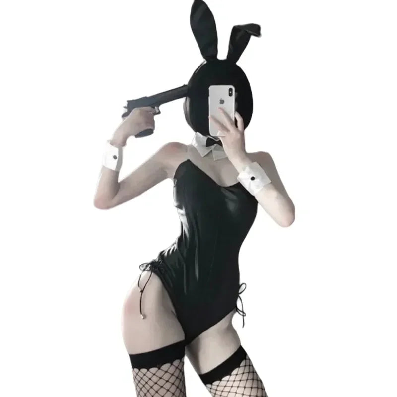 Bunny Girl Costume Women Sexy Cosplay Lingerie PU Faux Leather Bodysuit with Tie Headband Set Kawaii Rabbit Suit Uniform