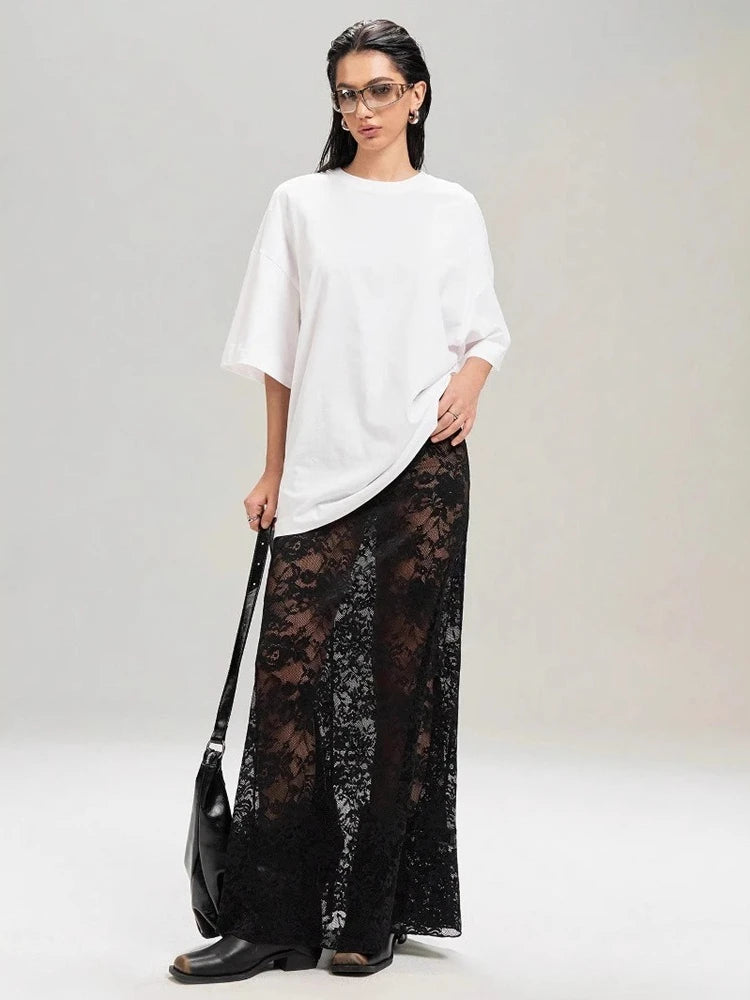 Sexy High Waist Black Lace Skirts for Women 2026 Summer See-through Long Maxi Skirt Female Hollow Out Slim Holiday Party Dress