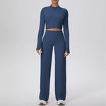 2 Pcs Women's Seamless Yoga Set Long-sleeved Wide-leg Pants Tracksuit Fitness Sports Set High-waisted Hip-lifting Slim-fit Suit