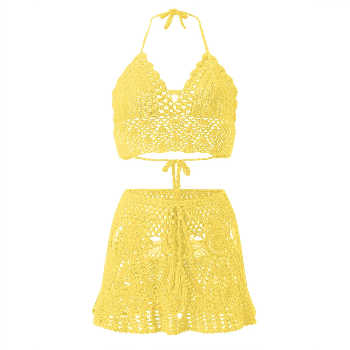 Bikinis Sets for Women Swimwear Crocheted Hollow Out Halter Crop Top Skirt 2 Piece Summer Bikini Beach Wear Swimsuit купальник
