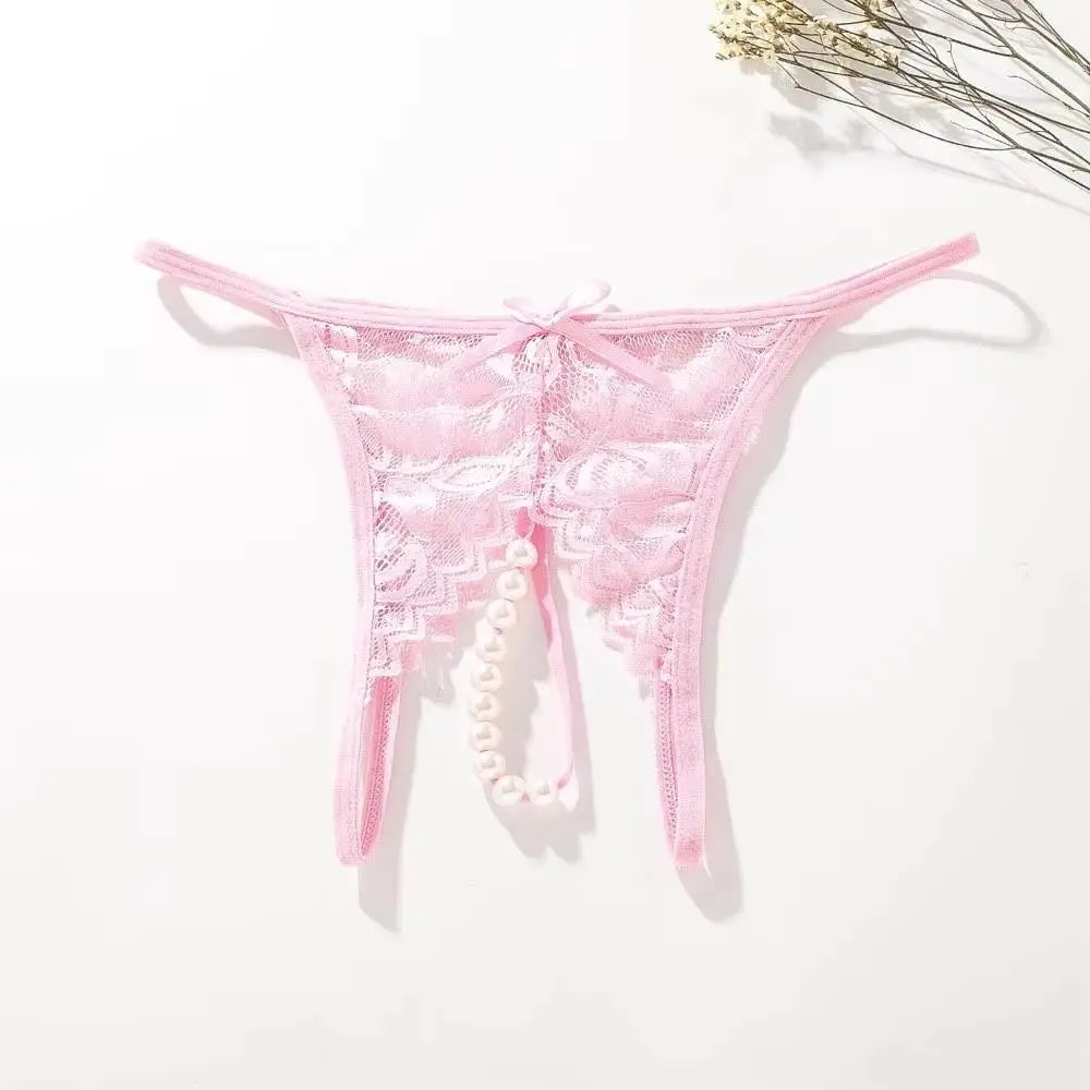 Hot Sexy Mesh Hollow Female Lingerie Transparent Crotchless Women Lace Open Crotch Beading Panties Underwear Erotic Costume